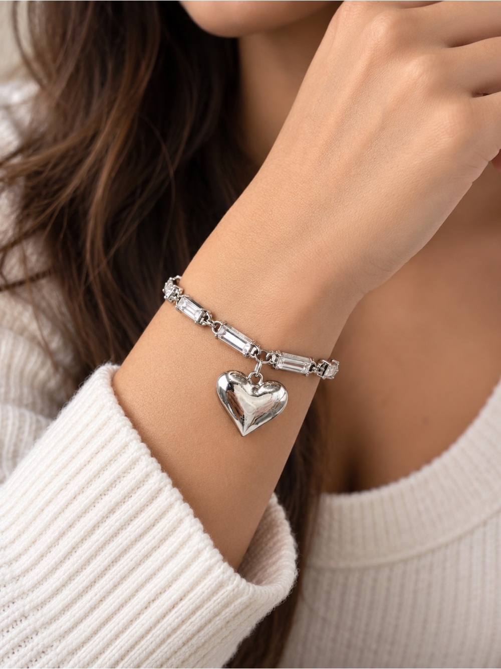 Polished Silver Heart Charm Bracelet - Women's Jewelry